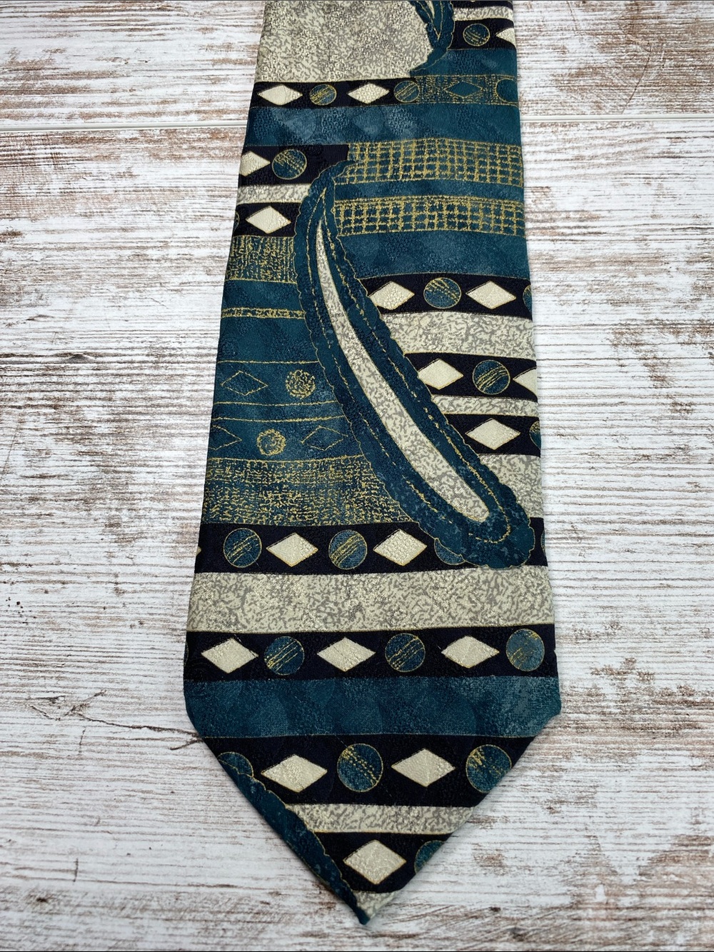 Vintage Abstract Geometric Silk Necktie Teal Gold Black Southwestern 90s Tie